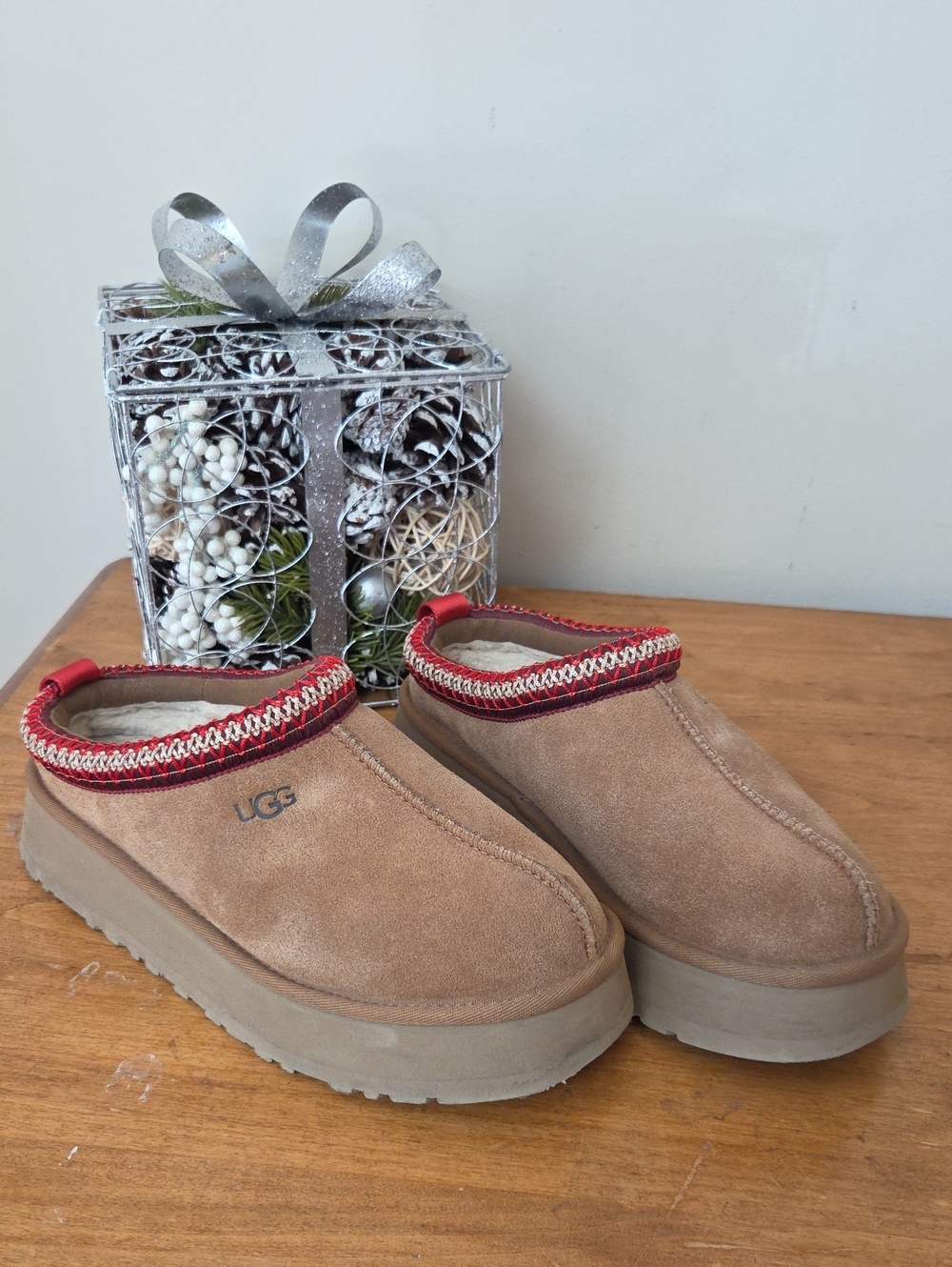 UGG Women's Tan Suede Slip-On Clog with Red Trim